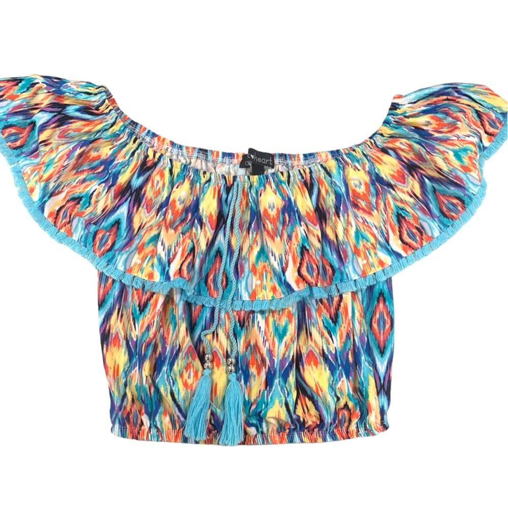 EUC Derek Heart Multicolored Fringe Boho Crop Top Size Medium